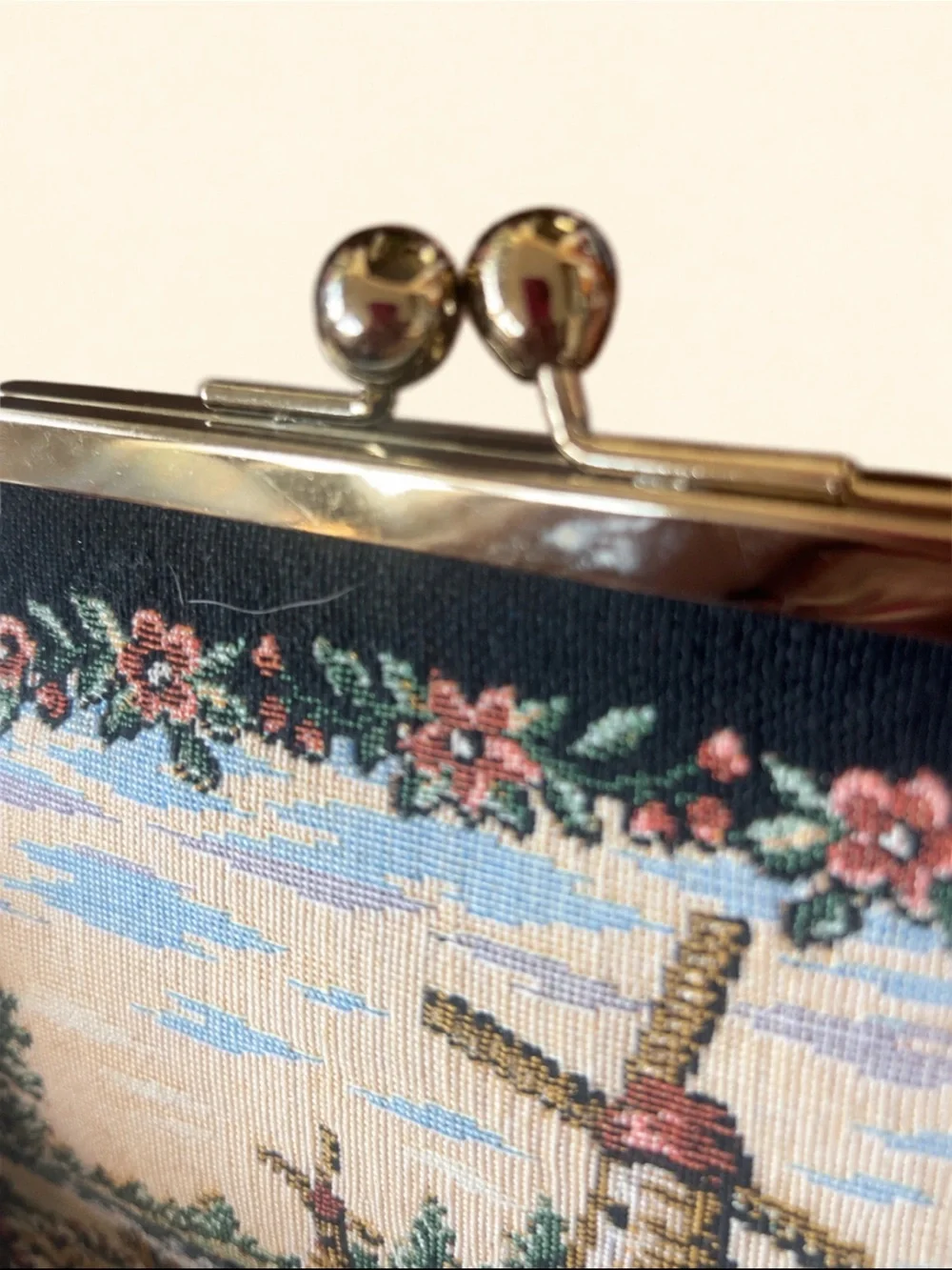 French Tapestry Windmill Mosaic Kisslock CLUTCH EUC